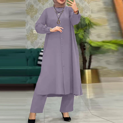 In Stock 2024 Southeast Asia Two-Piece Set for Women, Solid Color Spring and Autumn Long-Sleeve Cardigan Shirt and Long Pants Set