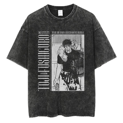 Huge Anime Flat Print Couple T-Shirt Washed Black Streetwear
