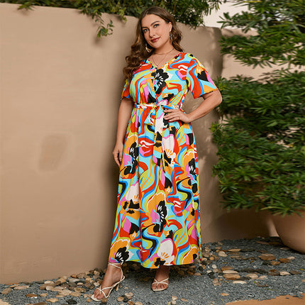 2025 Cross-border New French Elegant Elegant plus size dress Line-drawing Floral V-neck Short-sleeved Waisted Long Dress