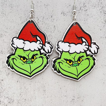 Cross-border new European and American Christmas Grinch wooden earrings green fur strange Christmas gift drop wooden earrings earrings