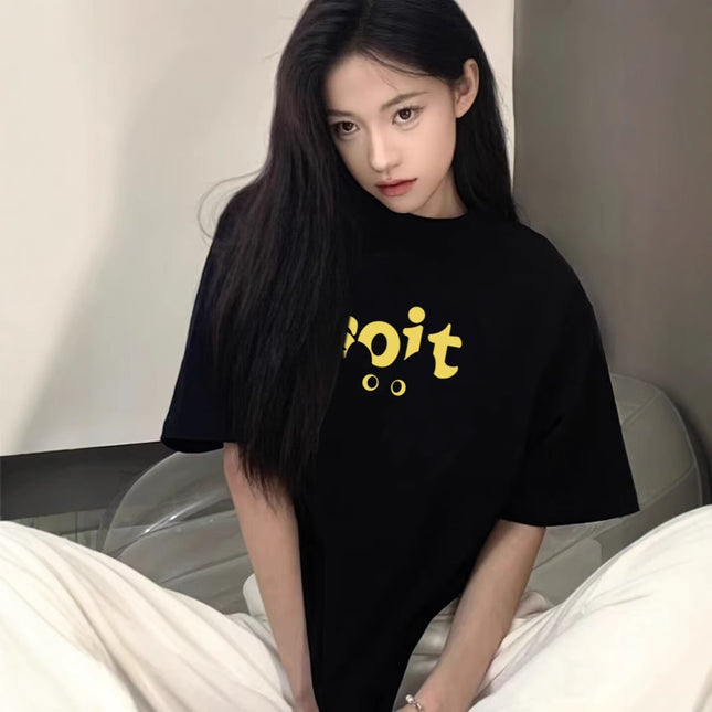 Pure Cotton European American Shoulder Short-sleeved T-shirt Women's 2025 New Explosions Loose Fashion Brand High Street Half-sleeved Top for Summer