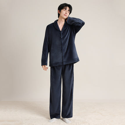 Couple's Autumn and Winter Thickened Pajamas with Green Fruit Collar, Simple and Luxurious Men's and Women's Cardigans, Double-Sided Velvet Warm Home Clothes Two-Piece Set