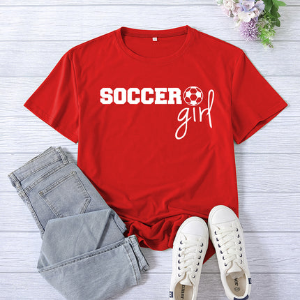 Amazon cross-border foreign trade soccer girl printed women's round neck top T-shirt summer casual European size plus size