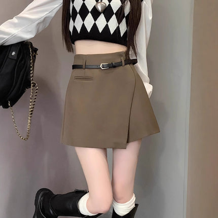 Irregular Grey Suit Skirt Women's Spring and Autumn Short Loose Wide Leg Skirt High Waist Slim A- line Skirt