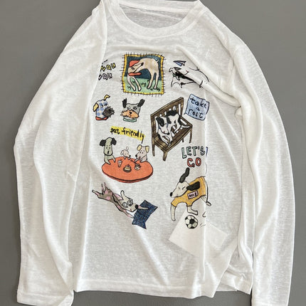Lyocell Tencel Korean Style Dog Pattern Loose Version Thin Round Neck Long-Sleeved Sun Protection T-Shirt Summer New Women's Top