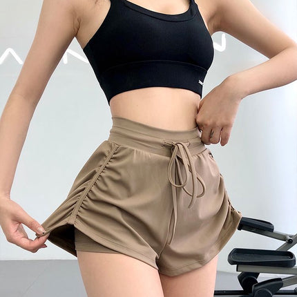 Summer drawstring anti-light training sports three-point pants fake two-piece yoga shorts women's gym running quick-dry breathable