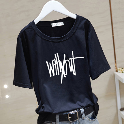 2025 New Summer Pure Cotton Short-Sleeved T-Shirt for Women Korean Style Loose Round Neck Printed Letters Age-Reducing Top Trendy Bottoming