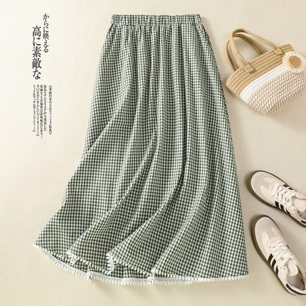 Real Shot of Summer New Green Plaid Cotton Sleeveless Round Neck Cardigan Elastic Skirt Spliced Lace Suit for Women