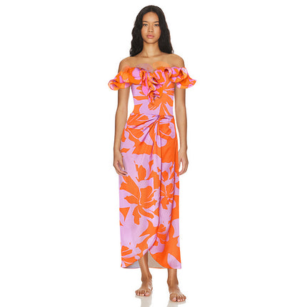 2024 European and American New Style Swimwear, Bandeau Ruffled Printed One-Piece Swimsuit Set for Women, Body Shaping, High Elasticity, European and American Fashion