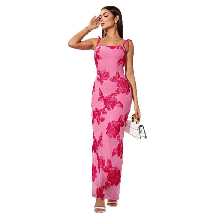 2025 summer cross-border new European and American high-end fashion slim sling hip sexy three-dimensional dish flower dress