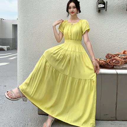 Cross-border cotton silk clear color off-shoulder dress Southeast Asian elastic waist beach skirt Bohemian long skirt