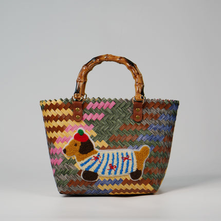 Dachshund Puppy Vegetable Basket Woven Bag Work Commuter Bag Portable Vegetable Basket Rattan Beach Bag Colorful Bag