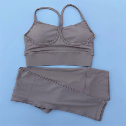 European and American solid color yoga clothes suit sports Y-shaped bra + high waist nude yoga leggings elastic tight shaping