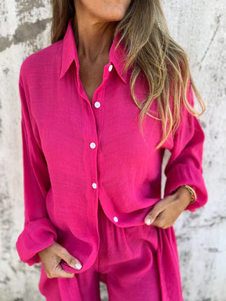 2025 cross-border Europe and America Amazon new women's casual solid color cotton and linen shorts long sleeve wrinkled cloth shirt two-piece set