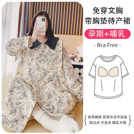 Lunar Clothing Spring and Autumn Air Cotton Thick Postpartum Breastfeeding dress Doll Collar Pregnant Women Pajamas for Outer Wear