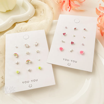 Sweet Small Fresh Simple Silver Needle Small Ear Stud suit Small Exquisite Cute Gentle Girl Heart Ring New Spring Style