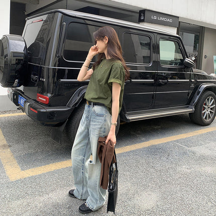 Foreign Trade in stock European Explosions Army Green Loose Short-sleeved T-shirt Women's Summer New Niche Design Retro Top