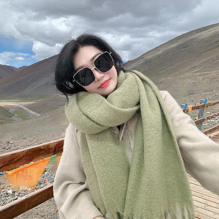Mohair cold-proof brushed thickened Korean style solid color scarf scarf women's autumn and winter neck protection warm big tassel New