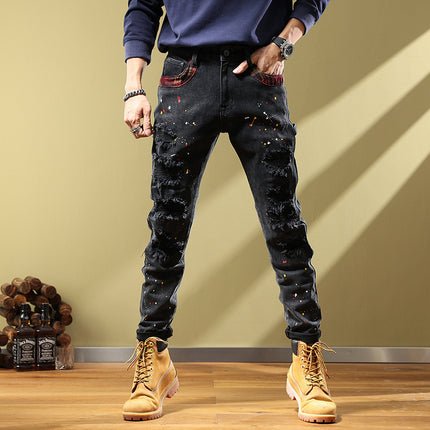 European Station Ripped Patch Splash Ink Black Jeans Men's Slim Fit Small Feet Elastic Spray Paint Design Sense Trendy Brand