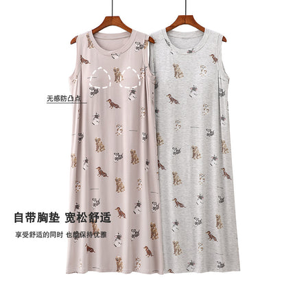Cartoon Padded Cut-Sleeve Extended Nightgown for Women Summer Thin Printed Can Be Worn Outside Anti-Bump Pajamas Spring