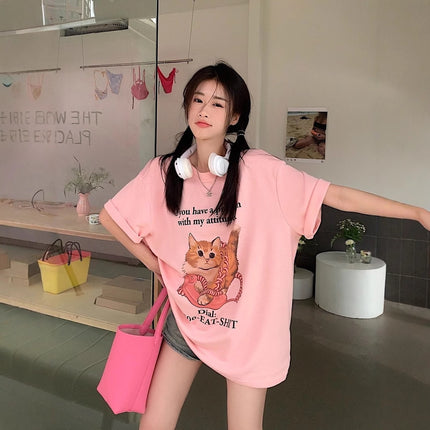 2025 Summer Commuting Letter Cat Creative Printed Loose Short Sleeve T-Shirt Loose Casual Top Small Fresh