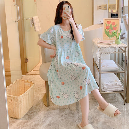 Cotton Silk Nightgown for Women, Summer Thin Short-Sleeved Printed Large Size Nightgown, Pregnant Women Can Wear It Outside, Cool Rayon Home Clothes