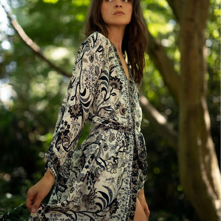 Rayon Beach Cover-Up Summer Positioning Print Bikini Cardigan Bohemian Style Cover-Up Kimono