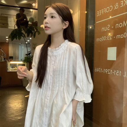 Japanese Style Sweet Bubble Shirt Women's New Niche Design Sense Loose Pleated Elegant Super Fairy Age-reducing Top