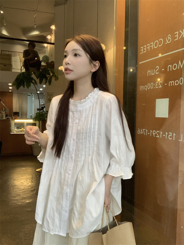 Japanese Style Sweet Bubble Shirt Women's New Niche Design Sense Loose Pleated Elegant Super Fairy Age-reducing Top