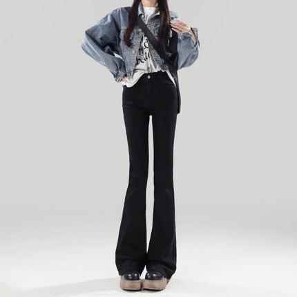 Black High-Waist Micro-Raise Jeans Women's Trendy All-Match New Slim-Fit Hip Slimming Stretch Horseshoe Pants