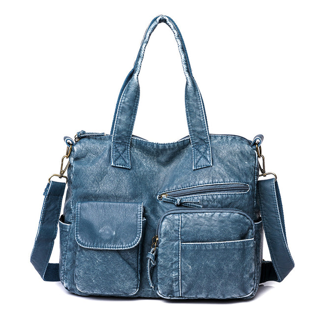 Wholesale vintage denim blue large capacity shoulder handbag trendy versatile pu messenger bag women's casual shoulder bag