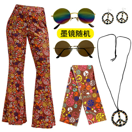 2025 Amazon Hot Selling Women's Hippie Clothing Fashionable Wide Leg Flare Pants Contrast Printed Trousers + Headscarf