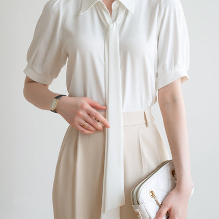 Commuter White Shirt Women's Bow Ribbon Chiffon Summer New Puff Sleeve Professional Interview Dress Short Sleeve Shirt