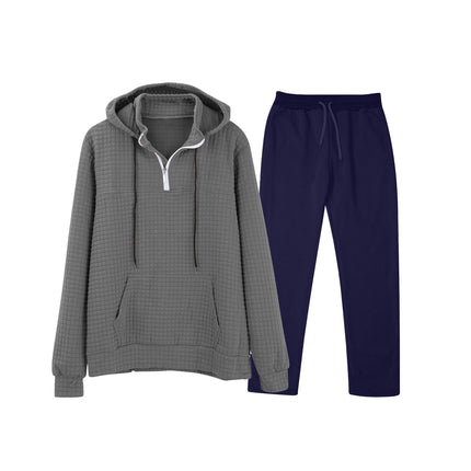 European and American Cross-Border Long-Sleeved Waffle Top Aliexpress Solid Color Drawstring Pocket Hoodie Sweatshirt and Sweatpants Set