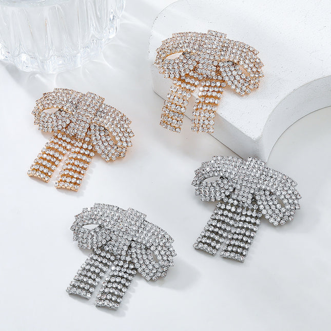 2024 Super Flash Claw Chain Full Diamond Bow Earrings European and American Exaggerated Earrings Women's Elegant Banquet Cross-border Bridal Jewelry