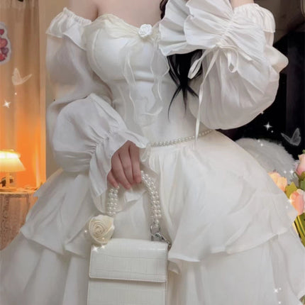 2026 Autumn Korean-Style Girl Group Dress with a Stylish Square Neckline, Waist-Cinching Design, Slimming Effect, Flared Sleeves, and Puffy Gown Dress