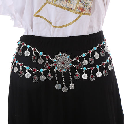 Cross-border New Retro Tassel Rhinestone Double-layer Necklace Waist Chain Head Chain Belly Dunhuang Dance Bohemian Style Direct Selling