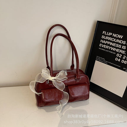 Trendy Niche Design Baguette Bag Cross-border Retro Women's Bowling Bag Women's Solid Color Simple Soft Face Underarm Bag