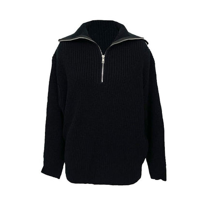 2025 Autumn/Winter Black Half-Zip Lapel Sweater for Women, Waffle Texture Loose Lazy Style Knitted Pullover