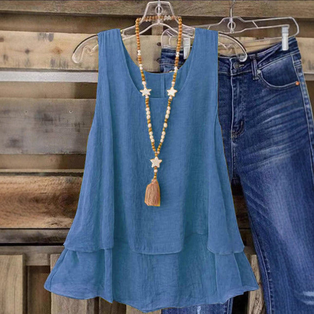 European and American Cross-Border 2025 Amazon Temu Foreign Trade Summer New Solid Color Sleeveless U-Neck Fake Two-Layer T-Shirt Women's Clothing