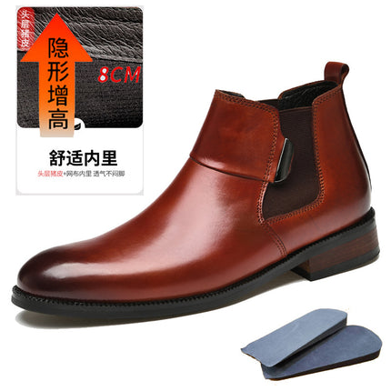 High-grade winter business leather boots suit British first layer cowhide light luxury casual slip-on height increasing Chelsea boots men's boots