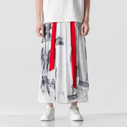2025 New Men's Summer Chinese Style Han Dynasty Ancient Style One-Piece Culottes Unisex Pleated Horse Face Skirt Wholesale