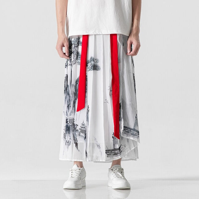 2025 New Men's Summer Chinese Style Han Dynasty Ancient Style One-Piece Culottes Unisex Pleated Horse Face Skirt Wholesale