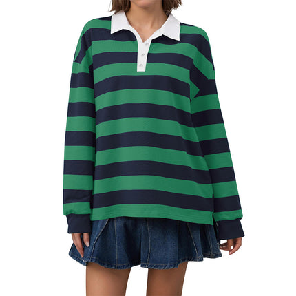 2025 European and American Cross-Border Long-Sleeved Stripesd T-Shirt Autum New Casual Versatile Loose Lapel Top
