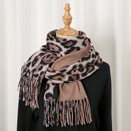 Women's Leopard Print Scarf Imitation Cashmere Thickeneded Tassel Fashion Printed Warm Scarf Autumn and Winter Cold-Proof Cloak Shawl