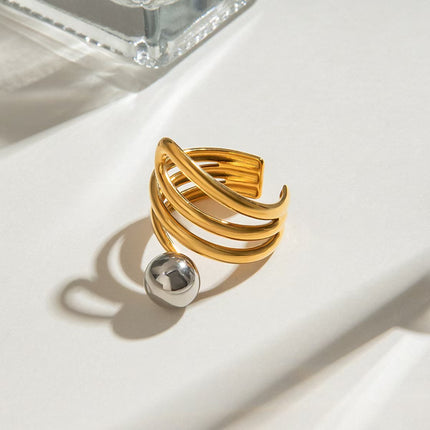 European and American stainless steel INS style gold and silver color matching multi-layer personality steel ball open ring French cross-border titanium steel ring