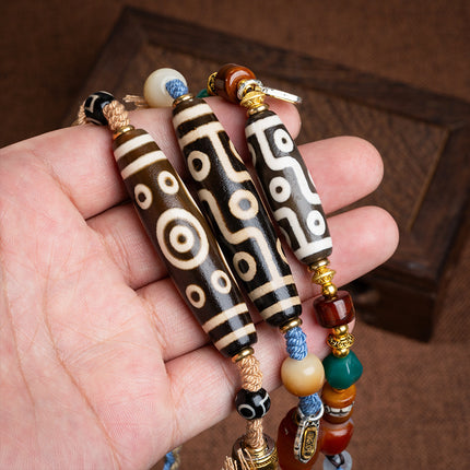 Natural Xizang Yellow Nine-Eyed Dzi Bead Necklace Multi-Totem Agate Pendant Couple Style Braided Necklace Ready for Sale