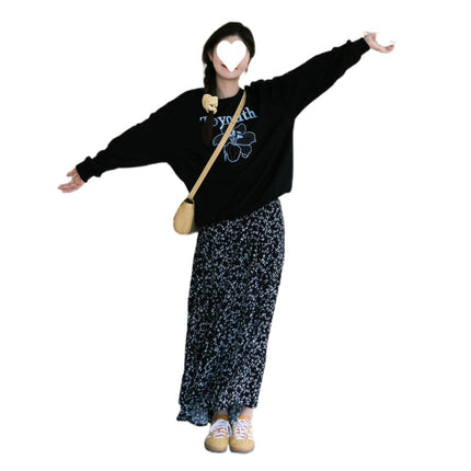 Early autumn wear with a set of American printed letters sweater floral skirt salt light two-piece suit