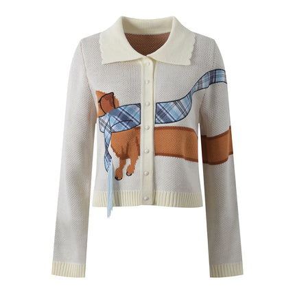 2025 New Autum Fashion Versatile and Fun Dog Embroidered Lapel Long-Sleeved Loose Knitted Cardigan Top