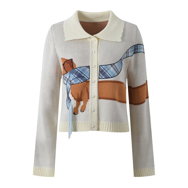 2025 New Autum Fashion Versatile and Fun Dog Embroidered Lapel Long-Sleeved Loose Knitted Cardigan Top